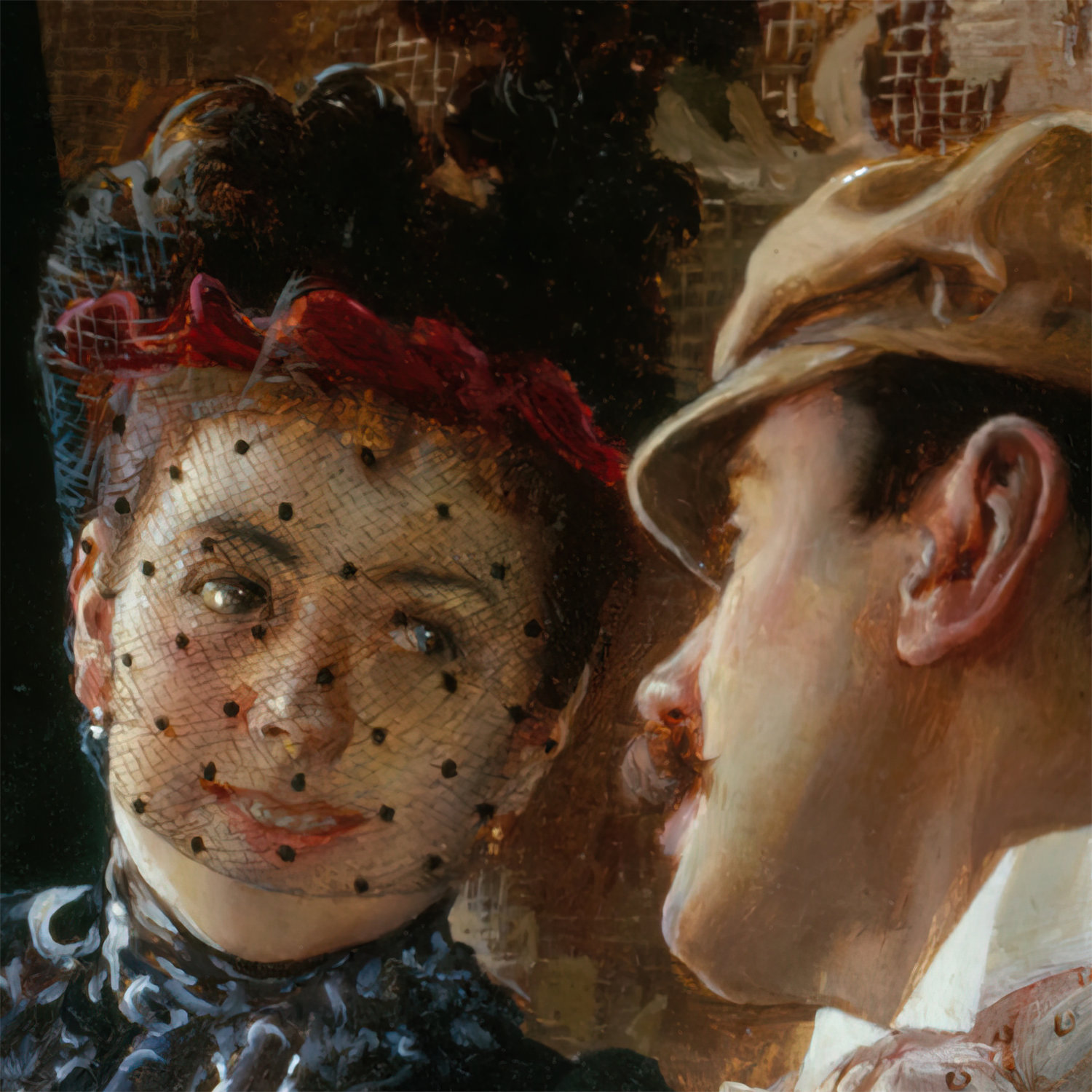 Zoomed-in view of “Couple dans un compartiment de train” by Ricardo Lopez-Cabrera